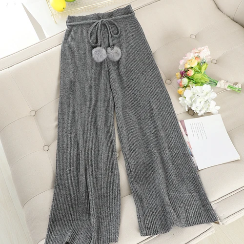 light gray Neploe шерстяные Широкие штаны Осенние новые тянущиеся длинные брюки с высокой талией с меховым помпоном и поясом на шнуровке повседневные женские штаны 55729 - Цвет: light gray