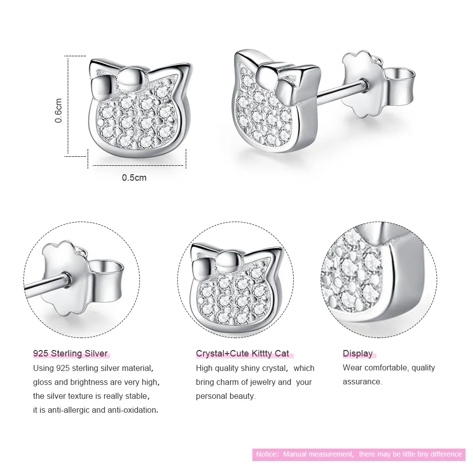 Подлинные 925 пробы серебряные серьги-гвоздики с кристаллами бабочки кошки собаки Минни маленькие серьги для женщин девушек модные ювелирные изделия подарок