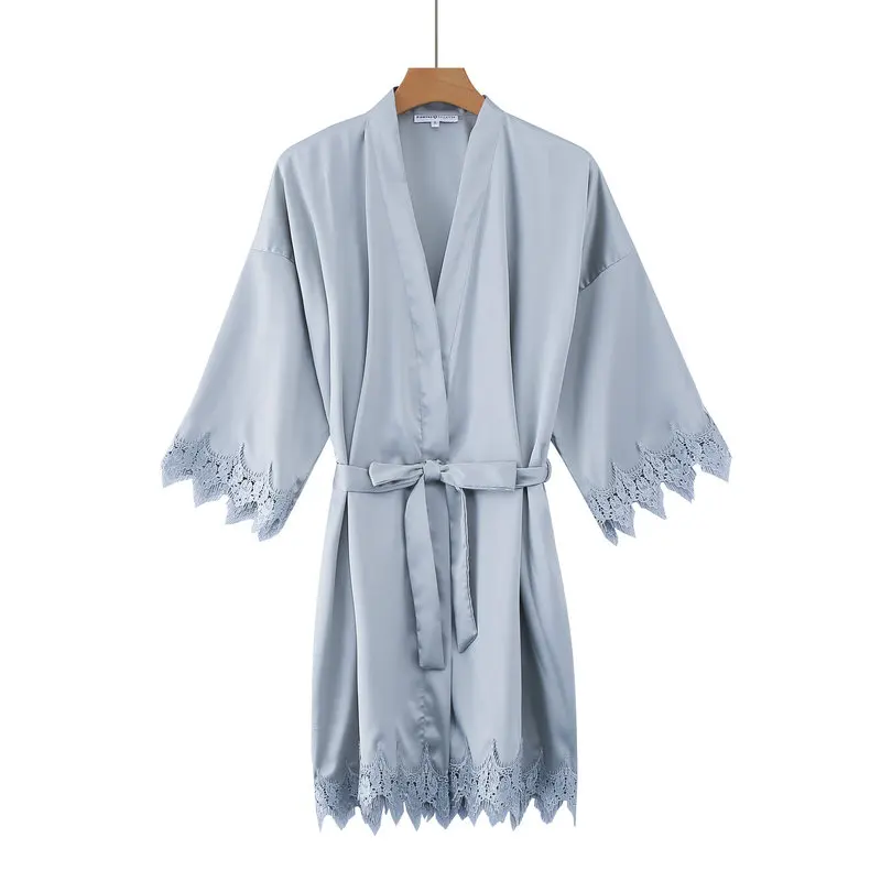 gray blue Owitr матовый атласный кружевной халат с отделкой, свадебное платье невесты, кимоно для невесты, халат размера плюс, женский халат - Цвет: gray blue