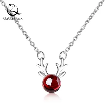 

New Beautiful Temperament Fashion Jewelry Cute Deer 925 Sterling Silver Antler Red Garnet Crystal Women Pendant Necklaces N424
