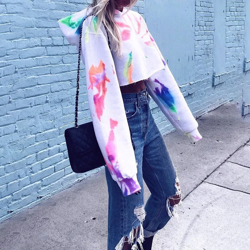 Joskaa, длинный рукав, с капюшоном, с принтом tie dye, укороченные свитшоты, Осень-зима, женская уличная одежда, сексуальные толстовки, топы