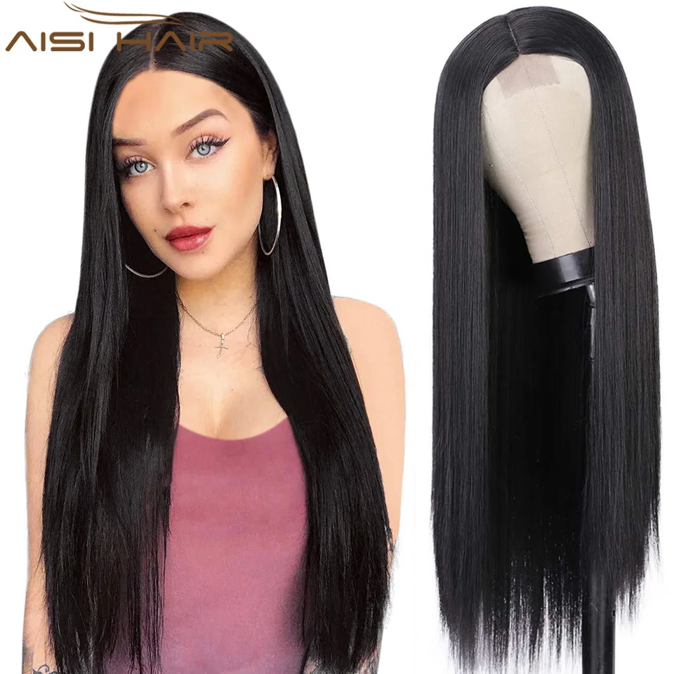 AISI HAIR-Peluca de cabello sintético para mujer, cabellera artificial larga y Lisa, parte media Natural, fibra resistente al calor, color negro
