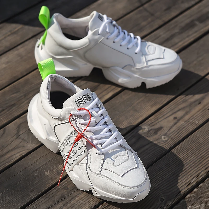 Thick Sole Shoes Men Luxury White Black Genuine Leather Platform Sneakers Vintage Lace Up Dad Shoes Streetwear Hip Hop Footwear