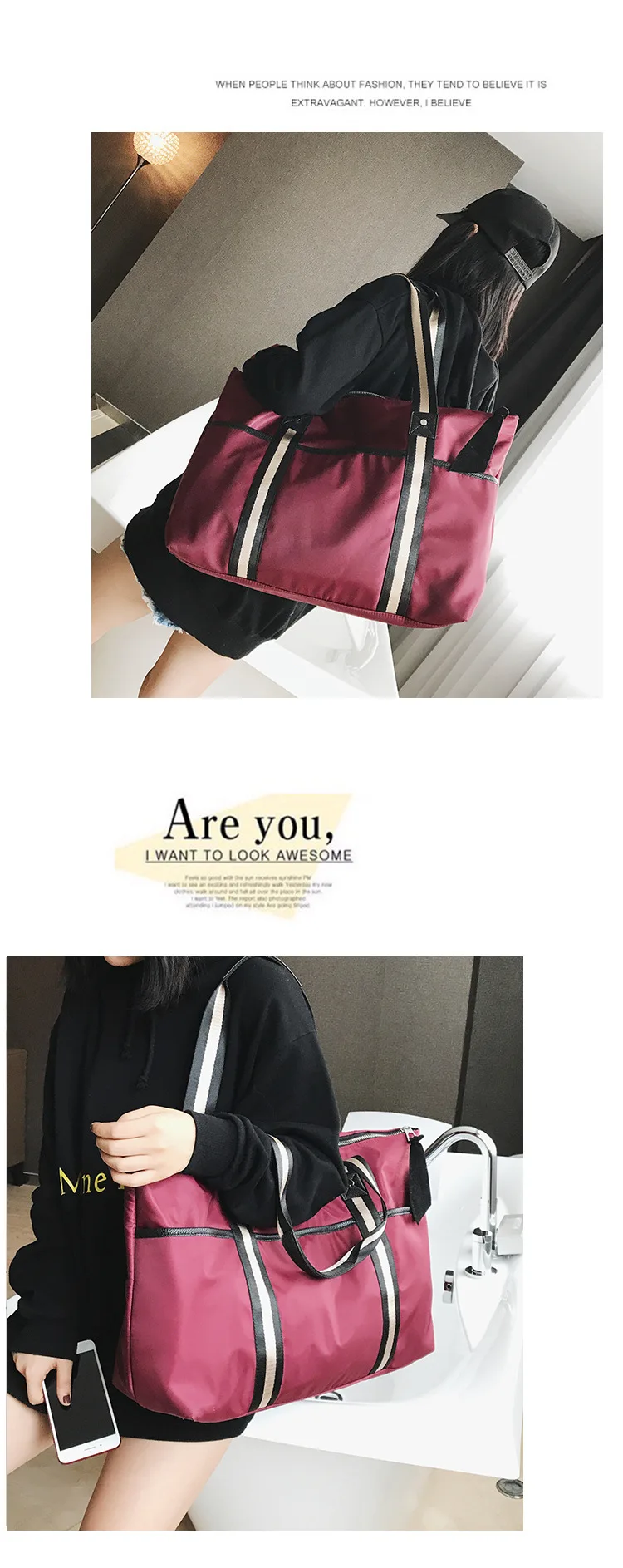 New Year Striped Patchwork Nylon Water-proof TRAVEL Bag Zipper Good Quality Large Capacity Lady Holiday Bag