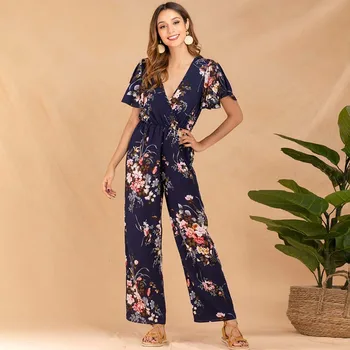 England Style V Neck Short Sleeve Print High Waist Wide Leg Pants Rompers Womens Loose Casual Ankle-length Pants Jumpsuits