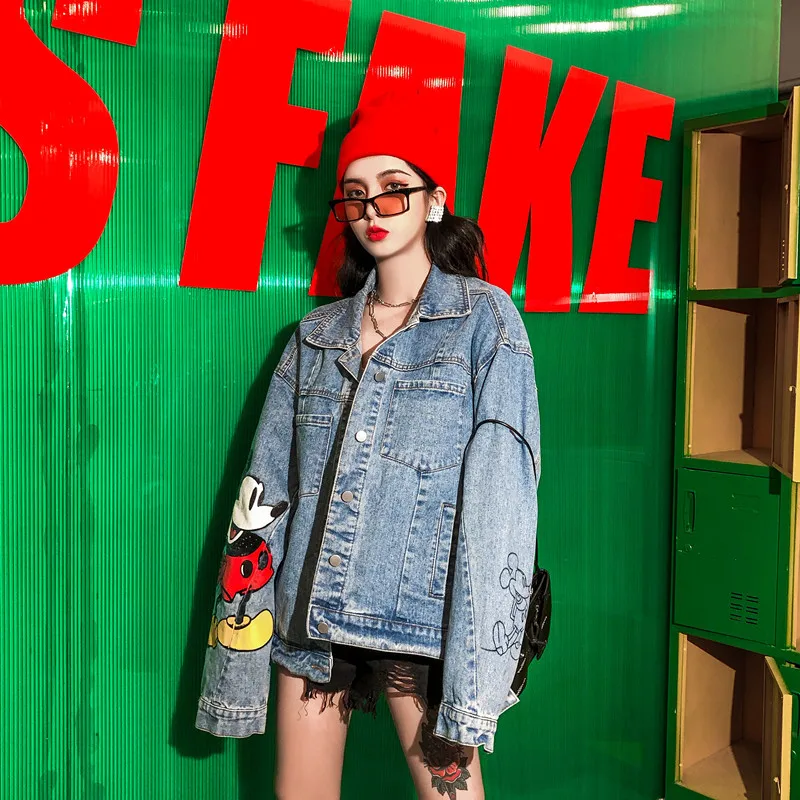 lower price  High quality autumn models wild trend personality loose denim ladies jacket was thin cartoon street