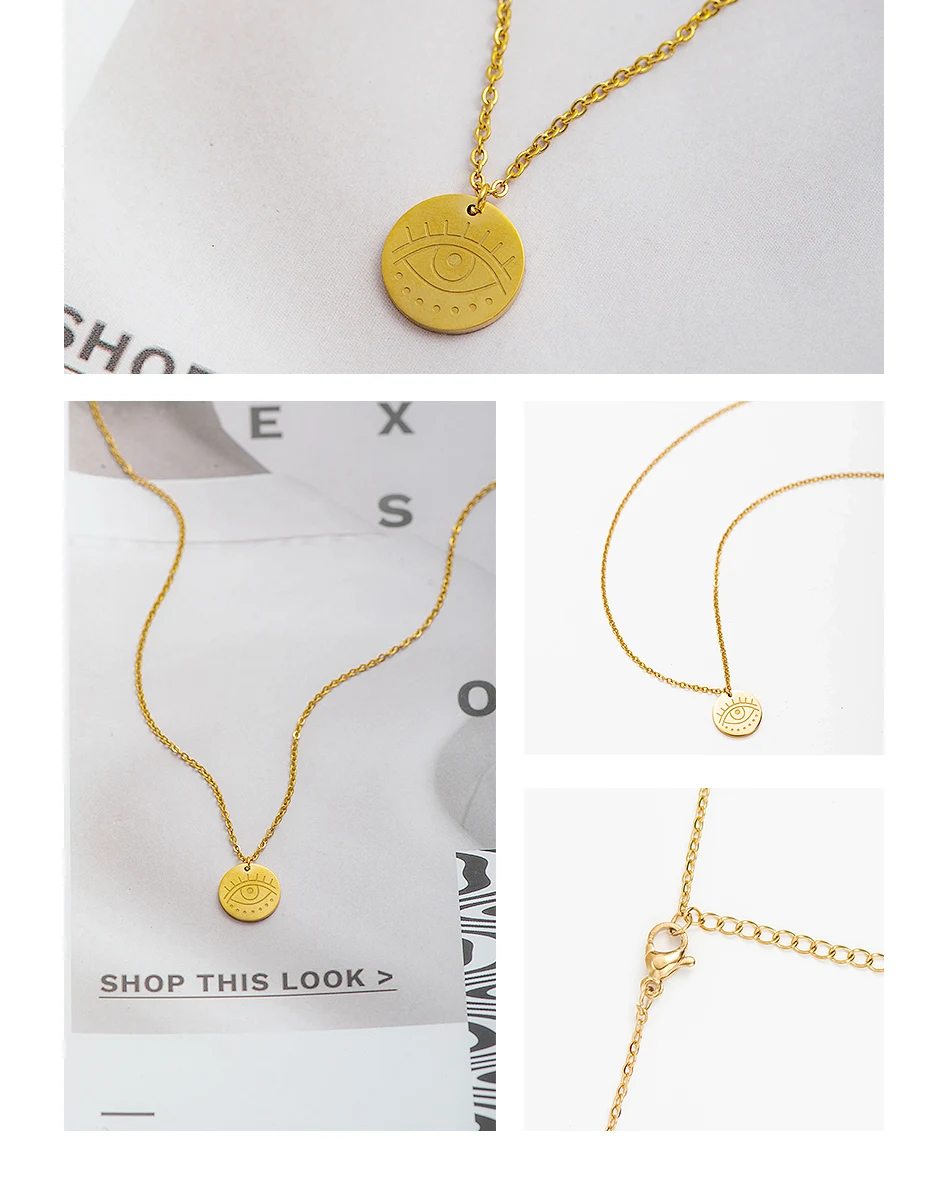 Wild&Free Trendy Women Eyes Pendant Necklace Stainless Steel Gold Round Charms Necklaces Fashion Jewelry Party Gift