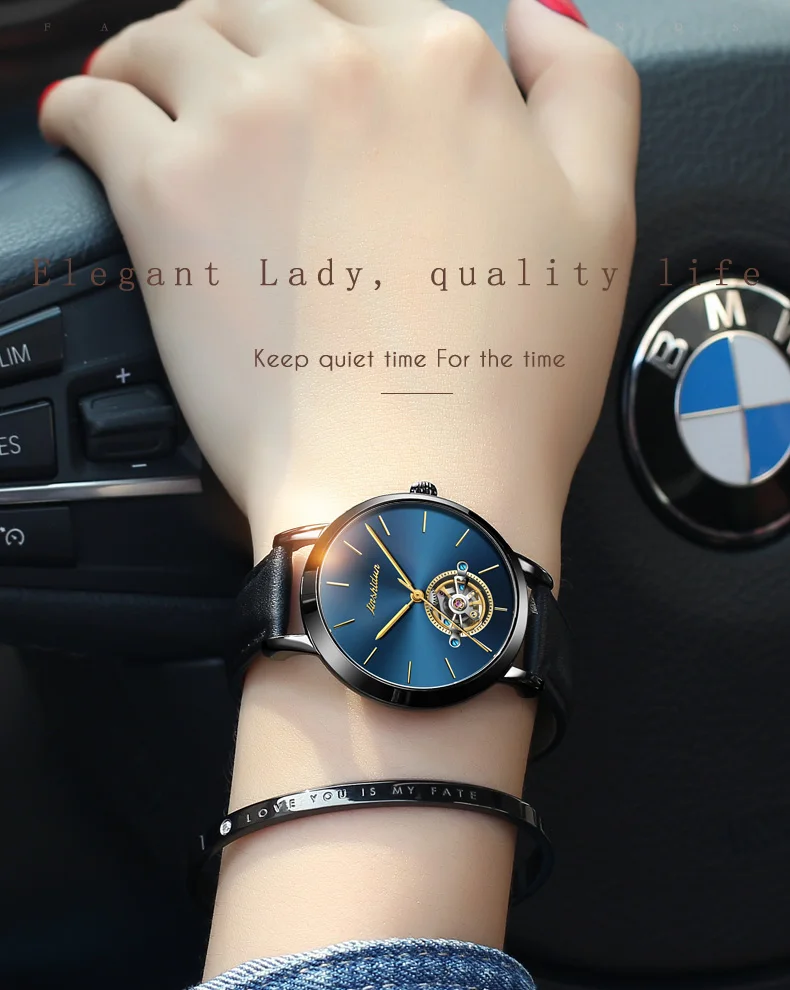 JSDUN, женские оригинальные часы, швейцарские Tourbillon, автоматические часы, водонепроницаемые женские механические часы, черные кожаные женские часы