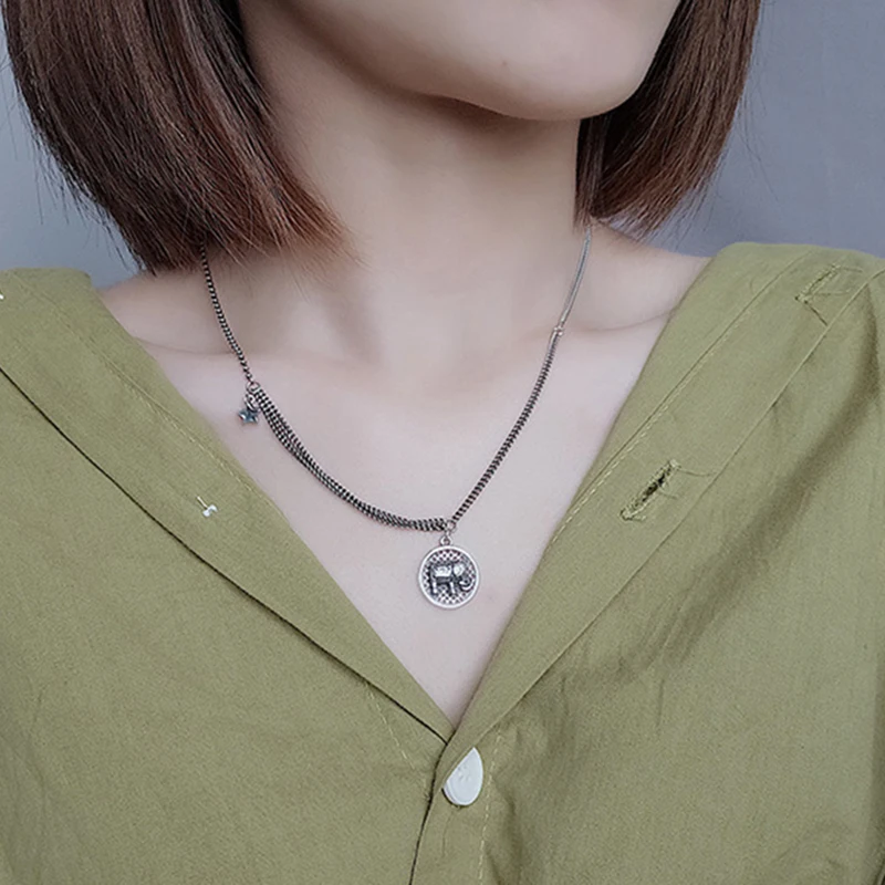 

Kinel 925 Sterling Silver Trendy Elephant Coin Pendant Multi layer Punk Casual Design Long Chain Necklace For Women Jewelry Gift