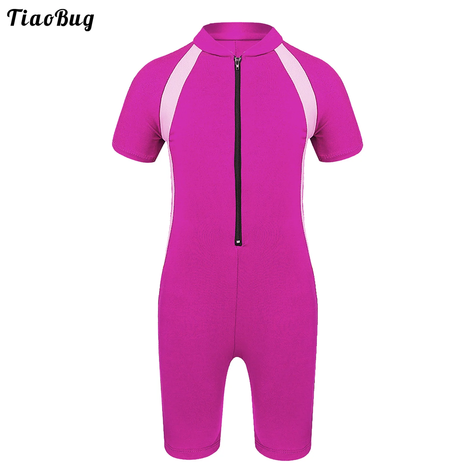 

TiaoBug Fashion Summer Kids Girls One-Piece Short Sleeves Zippered Shorty Swimsuit Swimwear Wetsuit Beach Suit Rash Guard