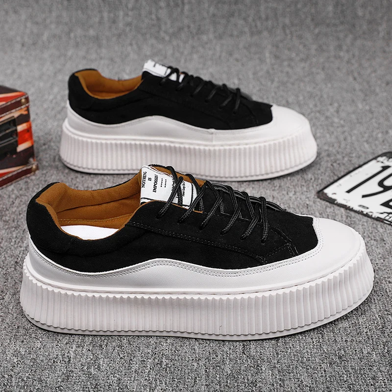Zapatos informales de verano para hombre, zapatillas de correr para estudiantes, a la moda, de cuero, cómodos, con plataforma negra, BD2103, 2021