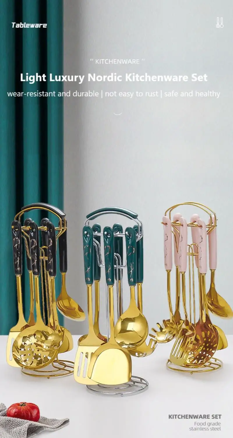 Nordic Design Golden Base Cooking Utensils Set With Golden Stylish Stand 8 Nordic Design Golden Base Cooking Utensils Set With Golden Stylish Stand