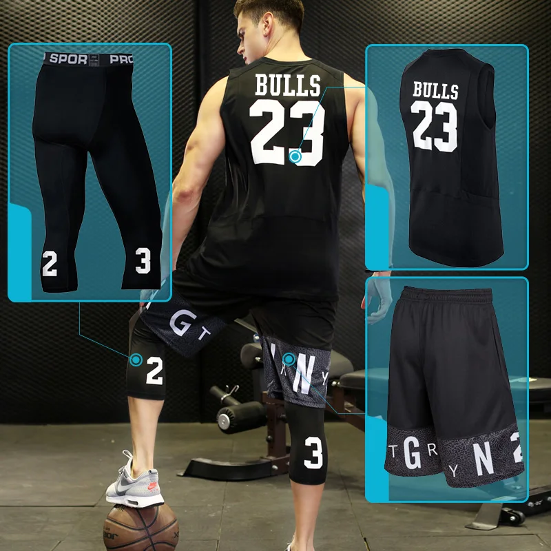 

BINTUOSHI 3pcs Men Basketball Jersey Gym Fitness Clothing Sportswear Male Gym Running Sets Training Suit Running Clothes