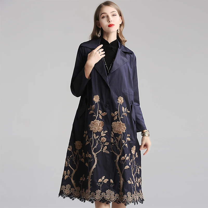 dark blue Высокое качество осень зима модная верхняя одежда пальто плюс размер 3XL Женская винтажная вышивка желтый черный зеленый розовый плащ - Цвет: dark blue