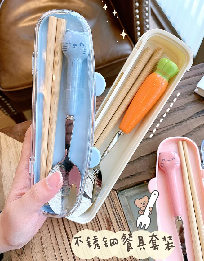 Stainless steel wooden chopsticks spoon two-piece set creative and cute students and office workers portable cutlery J05