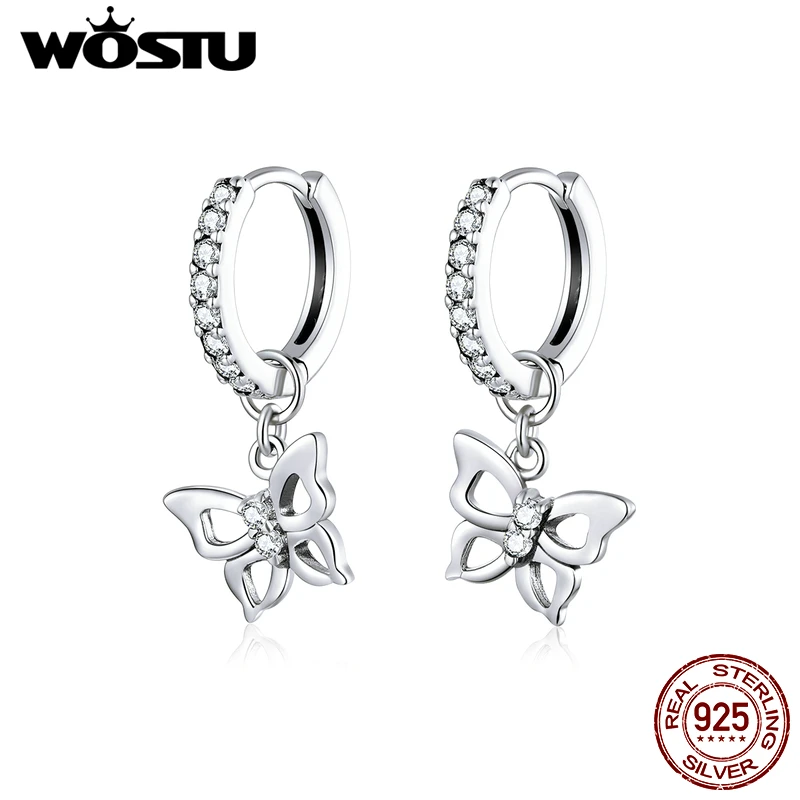 WOSTU натуральная 925 пробы Серебряные Элегантные серьги-кольца с бабочкой