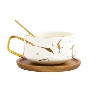 white cup Креативные свежие в скандинавском стиле мраморные матовые керамические золотистые чайная, кофейная кружка с деревянной крышкой лоток подарок - Цвет: white cup
