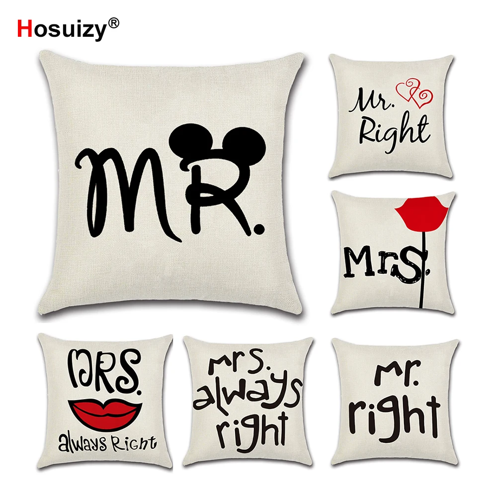 

Cushion Cover 45x45cm Linen Valentine's Day Gift Mr Mrs Red Lips Mustache Printed Letter Pillow Cover for Sofa Chair Car Seat