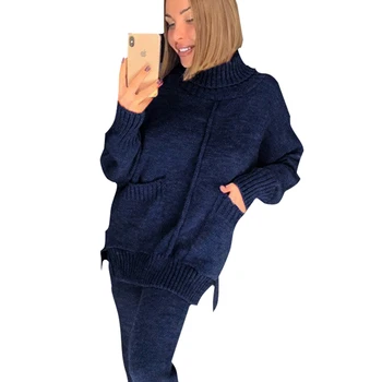 

TAOVK Women Autumn Knitted Suits Mid Lined Turtleneck Sweater and Knit Pant Female 2 Piece Set