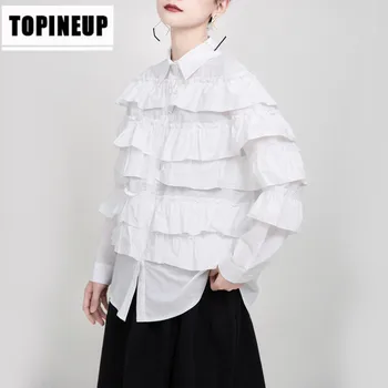 

Spring New Women's fashion Solid color lapel Long Sleeve pleated show the irregular shirt
