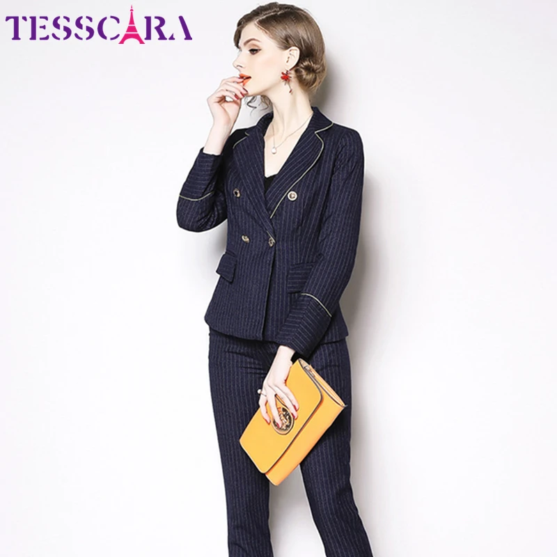 

TESSCARA Women Autumn Elegant Blazer Pant Suit Set Designer Interview Suits &blazer High Quality Female Office Ladies Coat Suit