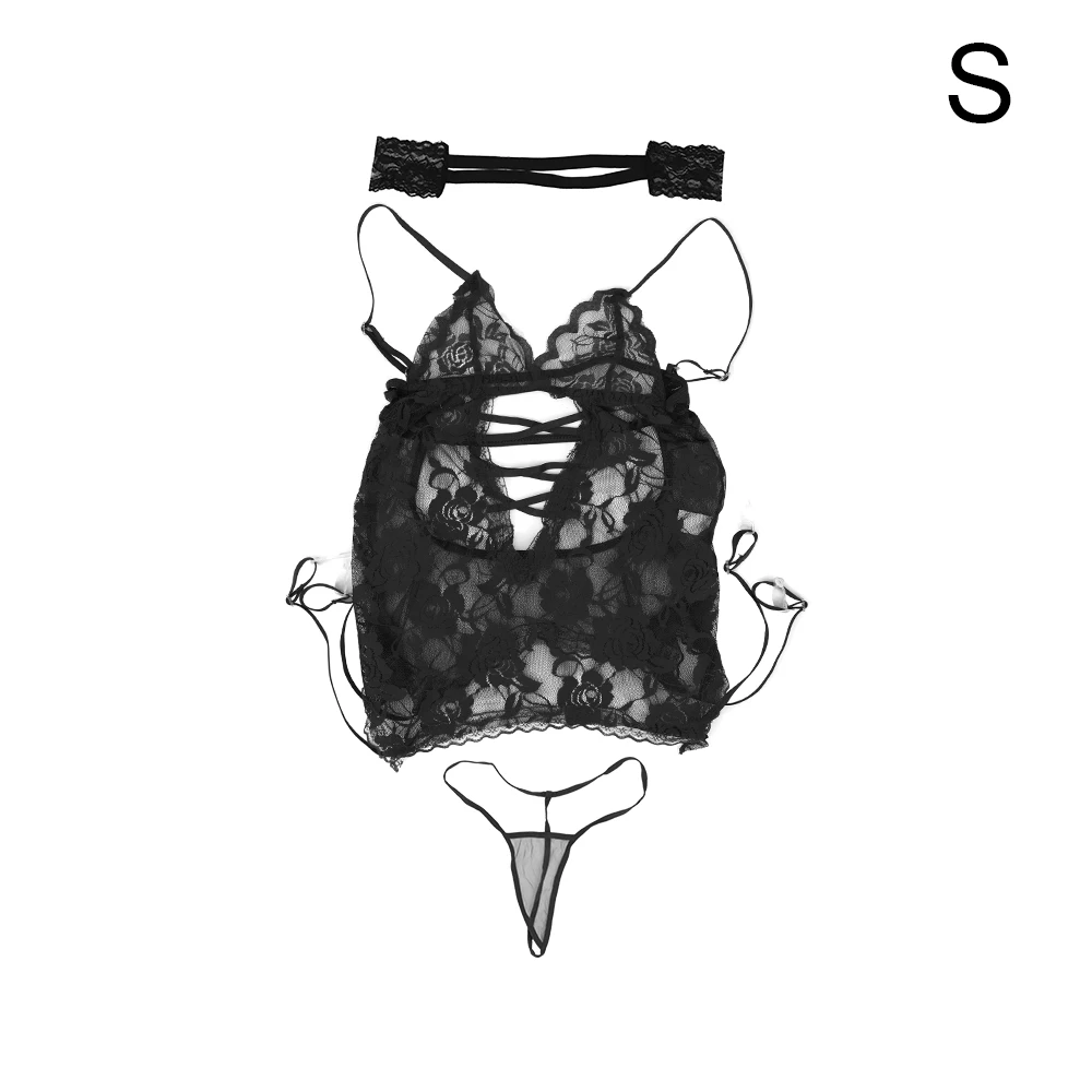 OLO, сексуальная одежда для сна, эротические костюмы, костюм-майка с поперечным поясом, сексуальное нижнее белье, кружевное ажурное нижнее белье для взрослых - Color: Black S