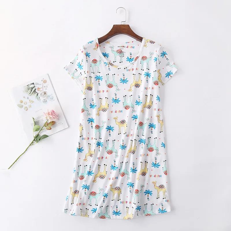 Summer New Style Cartoon Printed Short Sleeve Nightgown Korean-style Large Size Tracksuit Knitted Cotton Cute Pajamas