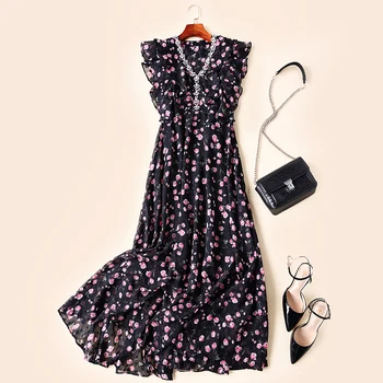 

New Women s Dresses European American Temperament Ladies Muear V collar Fragmented Flower Slimming Dress