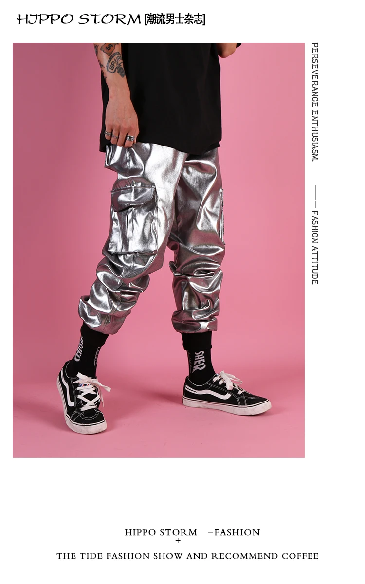 Карманный карго Broek стадион Kleren DJ Zanger Broek Mannen Повседневный Lederen шаровары Broek Mannelijke уличная хип хоп панк Zilver