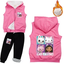 Conjunto de ropa de invierno para niños y niñas, chaleco grueso y cálido con estampado de gato de dibujos animados, pantalones de 2 piezas, 2021