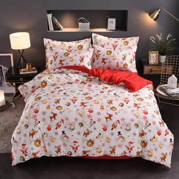 

4pcs Soft Cotton Bedding Set Christmas Printing Double-sided Sanding Duvet Cover Bed Sheet Pillowcase Home Textile