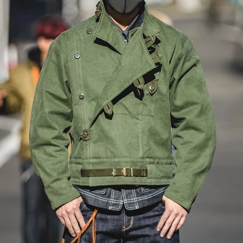 Army Green Retro Jacket Misplaced Oblique Buckle Swedish Motorcycle Men's Jacket AMEKAJI Cotton Washed XXXL Jacket