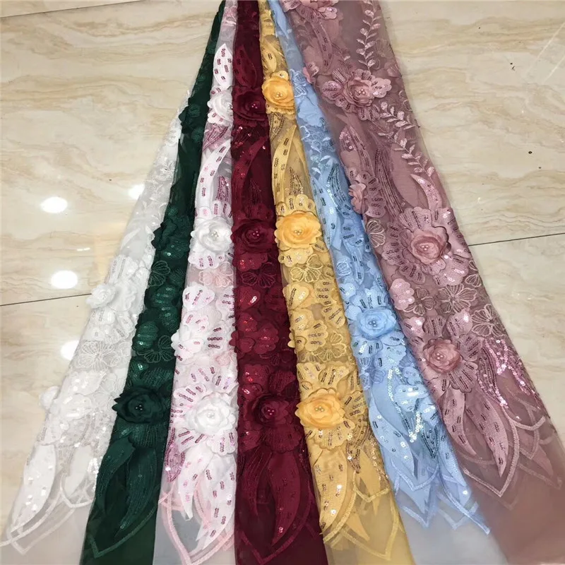 Sequins beads 3d Lace Fabric for Women Wedding Dress African Fabrics with French Tulle Mesh Bridal Materials | Дом и сад