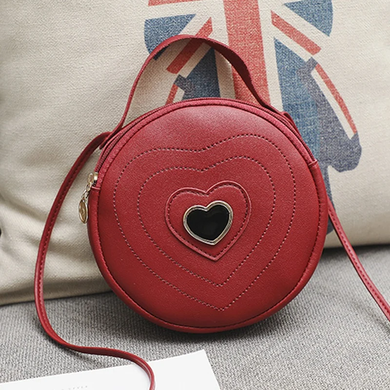 Fashion Cute Round Heart-Shaped Pattern Women'S Zipper Messenger Bag Shoulder Bag Handbag Red