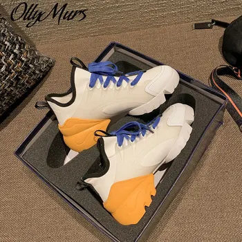 

Thick Bottom Mixed Color Woman Sneakers Lace-up Genuine Leather Ladies Sport Shoes Luxury Designer Brand Zapatos De Mujer