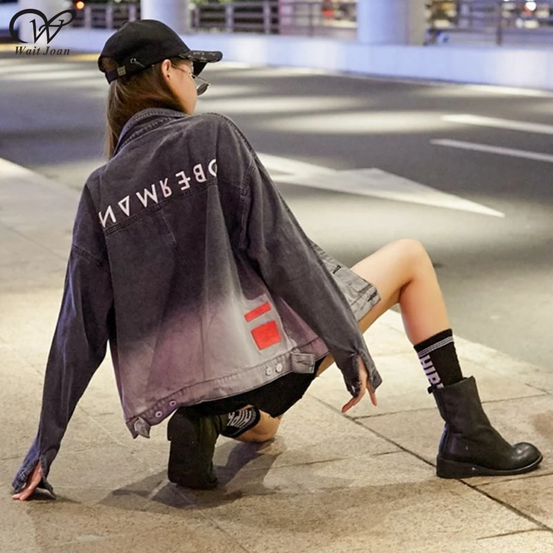 

Jeans jacket women 2019 Autumn Vintage Fashion Denim jacket Letter Print Red Patch Spot Gradient Jackets Female Streetwear Tops