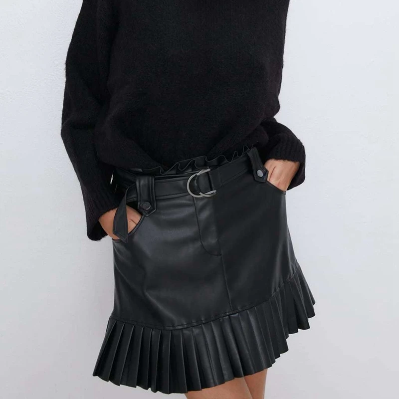 black leather skirt Искусственная кожа, винтажная юбка, зимняя Милая Короткая Женская юбка, женские кожаные юбки, Женская плиссированная юбка с высокой талией, Корейская мини-юбка в стиле панк - Цвет: black leather skirt