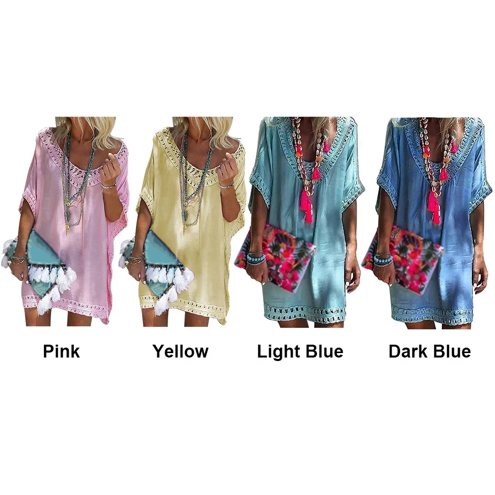 Women Holiday Summer Beach Mini Solid Loose Short Sleeve Ladies Fashion Beach Dress Hollowed Brim One Size V Neck