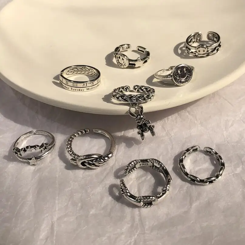 Anillo de plata de primera ley con cara sonriente para mujer, sortija, plata esterlina 2021, estilo Hip hop, Punk