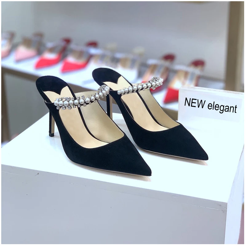 

New Fashion Pearl Diamond High Heel Muller Shoes Women Spring Summer Autumn Elegant Pointed Sandals Sexy Sheep Skin Sock Shoes