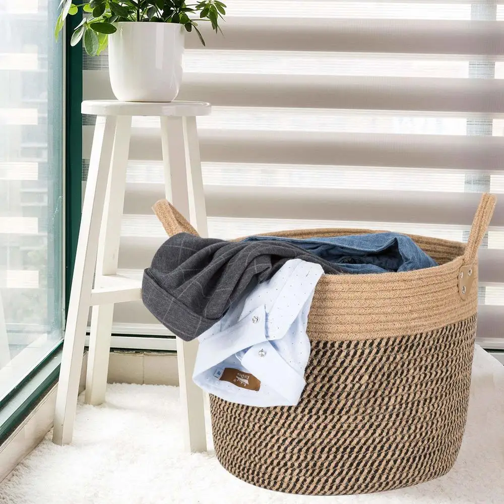 Toys Nursery 15”x19.7”, Off-White/Blue Large Cotton Rope Basket KRUIO Collapsible Woven Laundry Basket with Handles for Laundry Towels Blankets and Pillows Even More Rope Storage Basket 