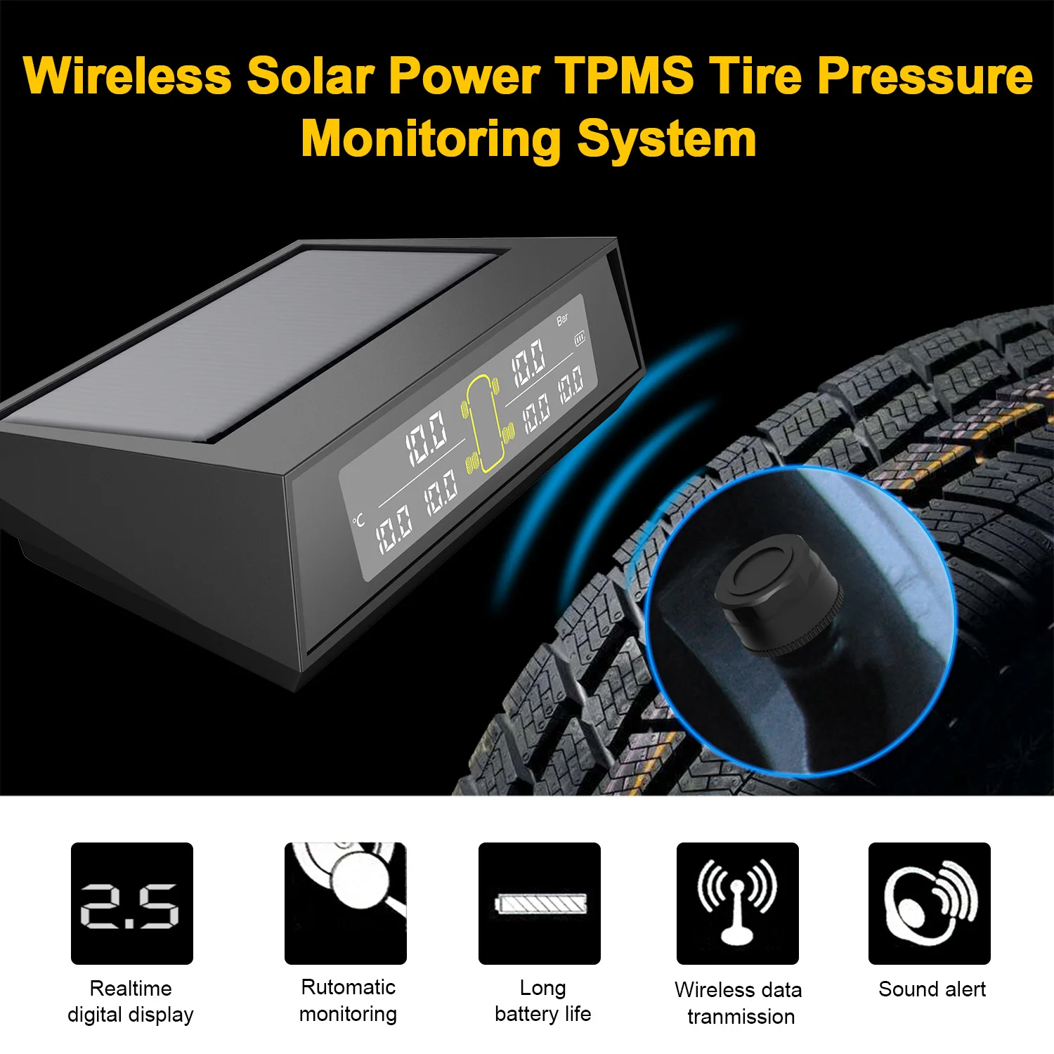 Беспроводная система контроля давления в шинах на солнечной энергии TPMS, система контроля давления на колесах, грузовиках TPMS 6, внешний датчик для автомобилей RV, грузовиков, буксировочных прицепов, 0-130PSI