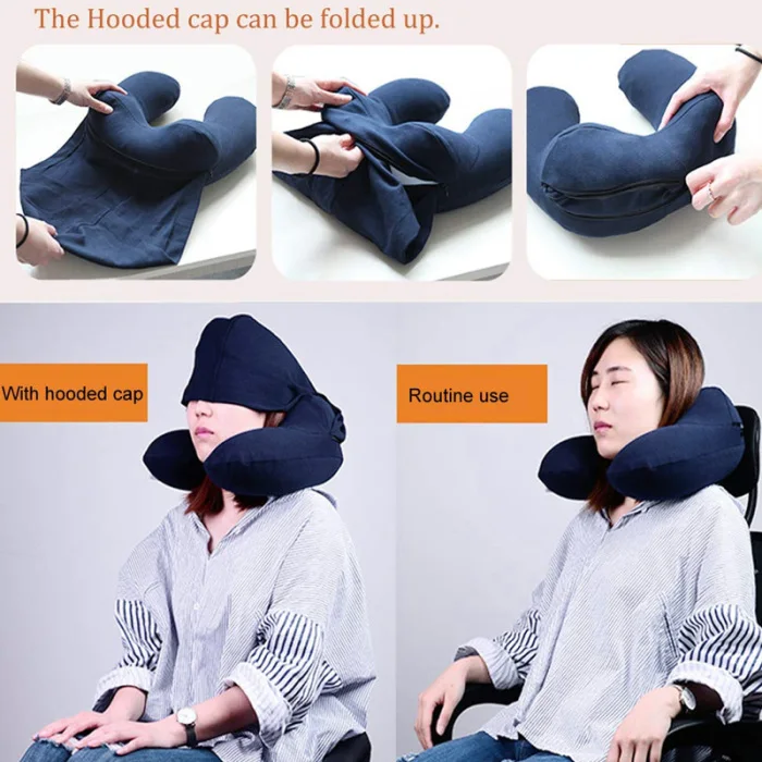 Inflatable Travel Pillow Convertible Travel U-Shaped Neck Pillow with Hoop Cap for Airplane E2S
