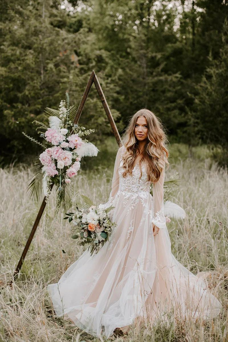 Eightale Boho Wedding dresses Long Sleeves V-Neck Appliques bridal dresses Backless Wedding Gowns Tulle vestidos de noiva