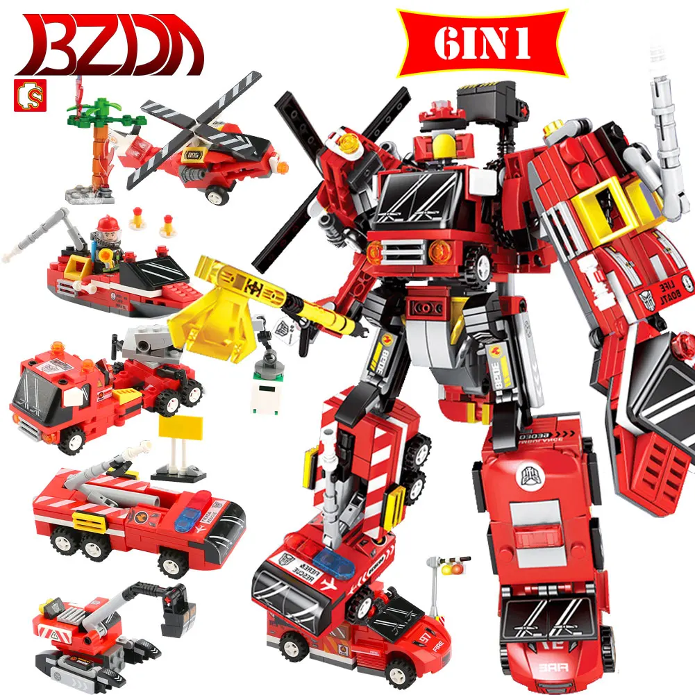 

City 6in1 Transformation Robot Blocks Deformable Engineering Excavator car truck constructor Bricks Kids Toys Christmas Gifts
