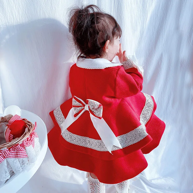 

2019new Winter Spanish girls Woolen Quality Festivals Coat Red New Year's Clothes with Cotton Thickened Wool Coats for Kids