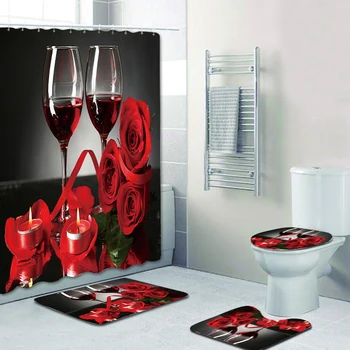 

Beautifully Romantic Red Wine Glass Rose 3D Digital Printing Shower Curtain Carpet Mat Combination Bathroom Toilet Cushion