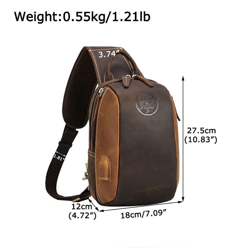 

Retro Men's Leather Sling Chest Bag Sport Crossbody Shoulder Bag w/USB Interface