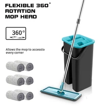 Floor Mop Bucket Set Flat Mop Bucket Flexible Mop Head 6 Reusable Microfiber Pads Mop Bucket Wringer Stainless Steel Handle Mops