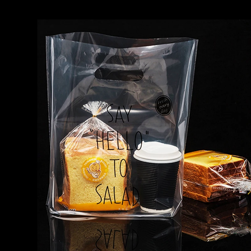 

28*28*12cm Transparent Bags Shopping Bag Supermarket Plastic Bags With Handle Baking bag cake dessert bread food Packaging 50pcs
